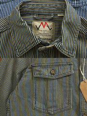 製品画像: ヘビーストライプデニムワークシャツジャケットの正面展示
詳細画像: ポケットとウォッシュ加工のディテール展示