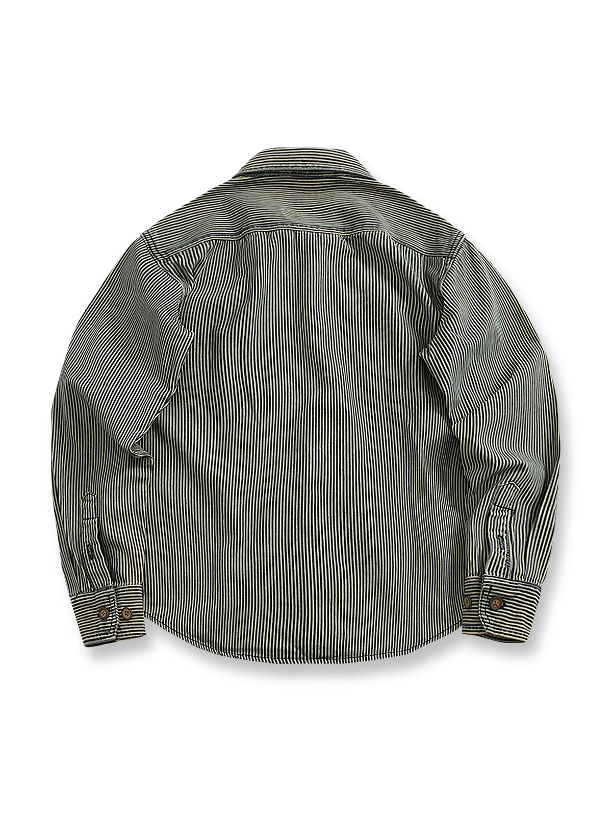 製品画像: ヘビーストライプデニムワークシャツジャケットの正面展示
詳細画像: ポケットとウォッシュ加工のディテール展示