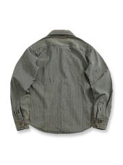 製品画像: ヘビーストライプデニムワークシャツジャケットの正面展示
詳細画像: ポケットとウォッシュ加工のディテール展示
