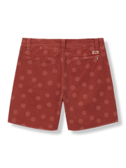 ドット加工コーデュロイショーツの正面図、手描きドットの加工デザインを展示