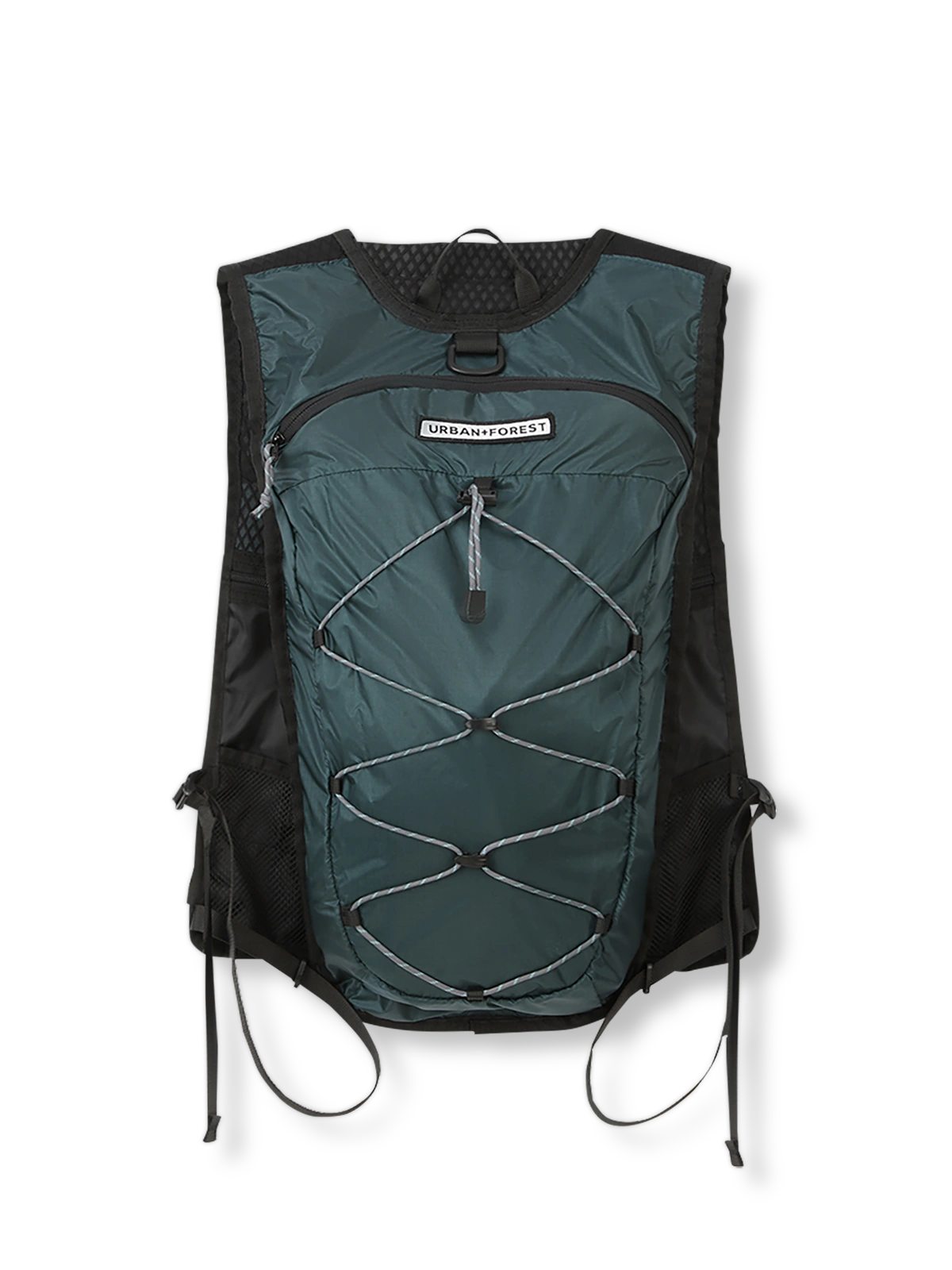 一体型探検バックパックの正面画像、軽量防裂素材と多ポケットデザインを表示