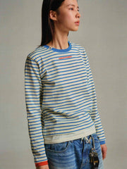 詳細画像: リブ切り替えストライプ長袖Tシャツのディテール図、刺繍風プリントとフェイクレイヤード効果を展示