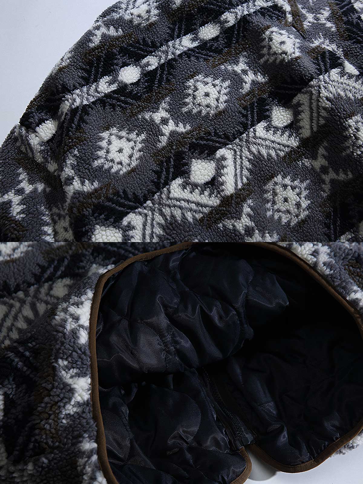 製品画像:
レトロなナバホ柄デザインとラムファー素材を使用した暖かい中綿ジャケット。スタンドカラーで寒さから守り、アウトドアシーンに最適。
詳細画像:
ナバホ柄が施されたラムファー中綿ジャケット、厚手で温かく、快適な着心地と高い防寒性能を誇ります。