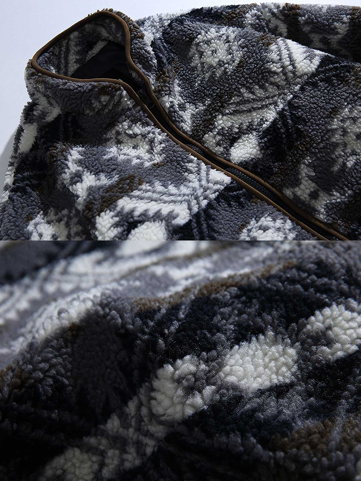 製品画像:
レトロなナバホ柄デザインとラムファー素材を使用した暖かい中綿ジャケット。スタンドカラーで寒さから守り、アウトドアシーンに最適。
詳細画像:
ナバホ柄が施されたラムファー中綿ジャケット、厚手で温かく、快適な着心地と高い防寒性能を誇ります。