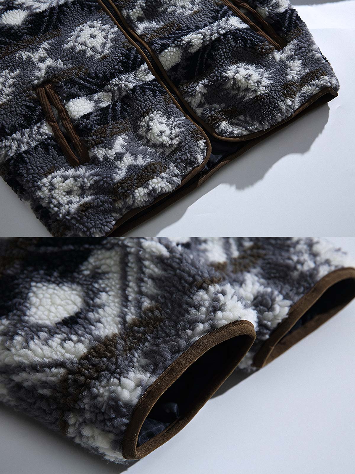 製品画像:
レトロなナバホ柄デザインとラムファー素材を使用した暖かい中綿ジャケット。スタンドカラーで寒さから守り、アウトドアシーンに最適。
詳細画像:
ナバホ柄が施されたラムファー中綿ジャケット、厚手で温かく、快適な着心地と高い防寒性能を誇ります。