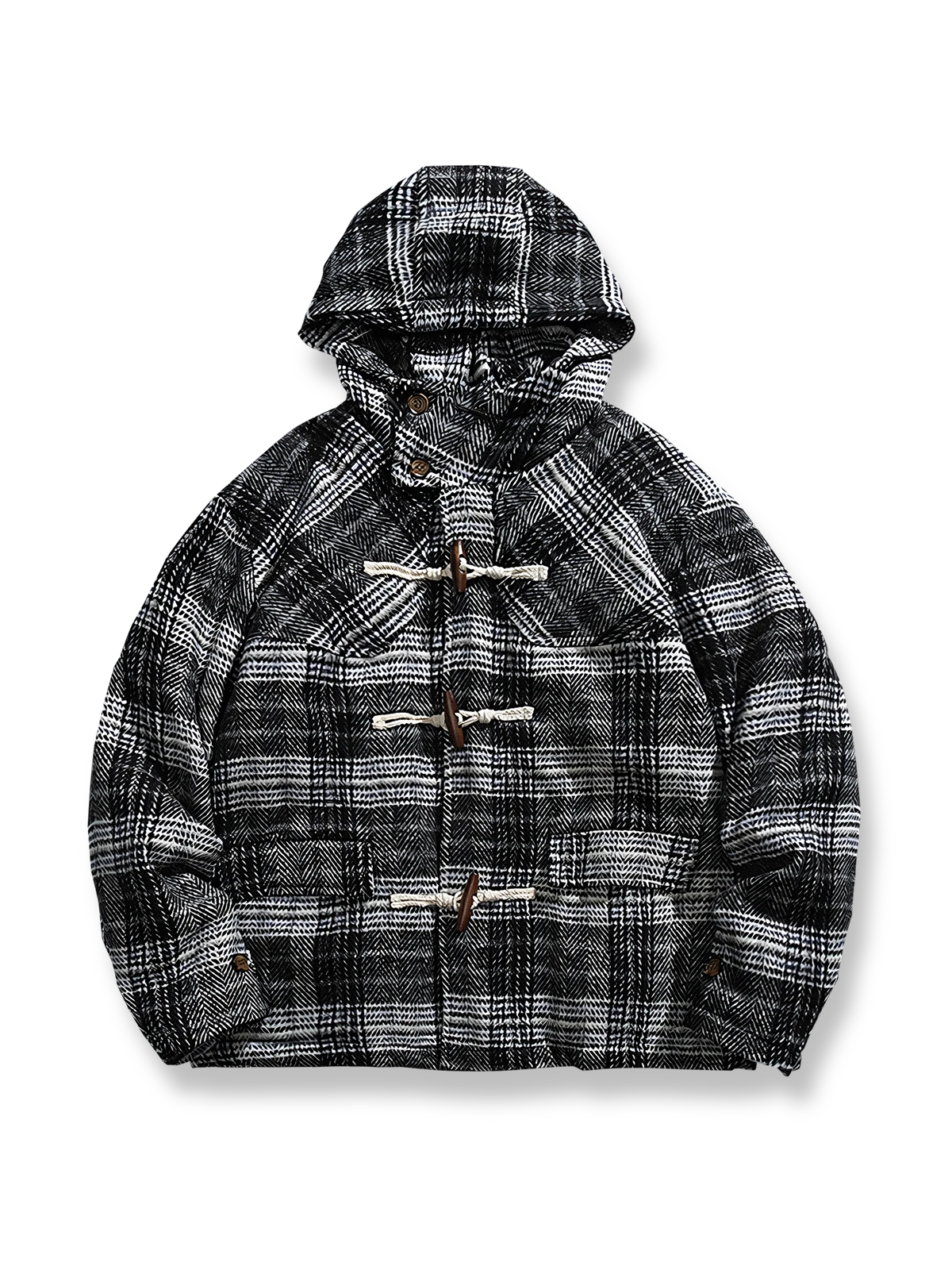 製品画像
アイビースタイルを取り入れたチェック柄ダッフルボタン付きフード付き中綿ジャケット、冬のコーディネートにぴったりなミディアム丈デザイン。
詳細画像
クラシックなチェック柄とダッフルボタンのデザイン、100%ポリエステル素材で軽量ながら優れた保温性を提供。フード付きで実用性も高く、寒い季節に最適。