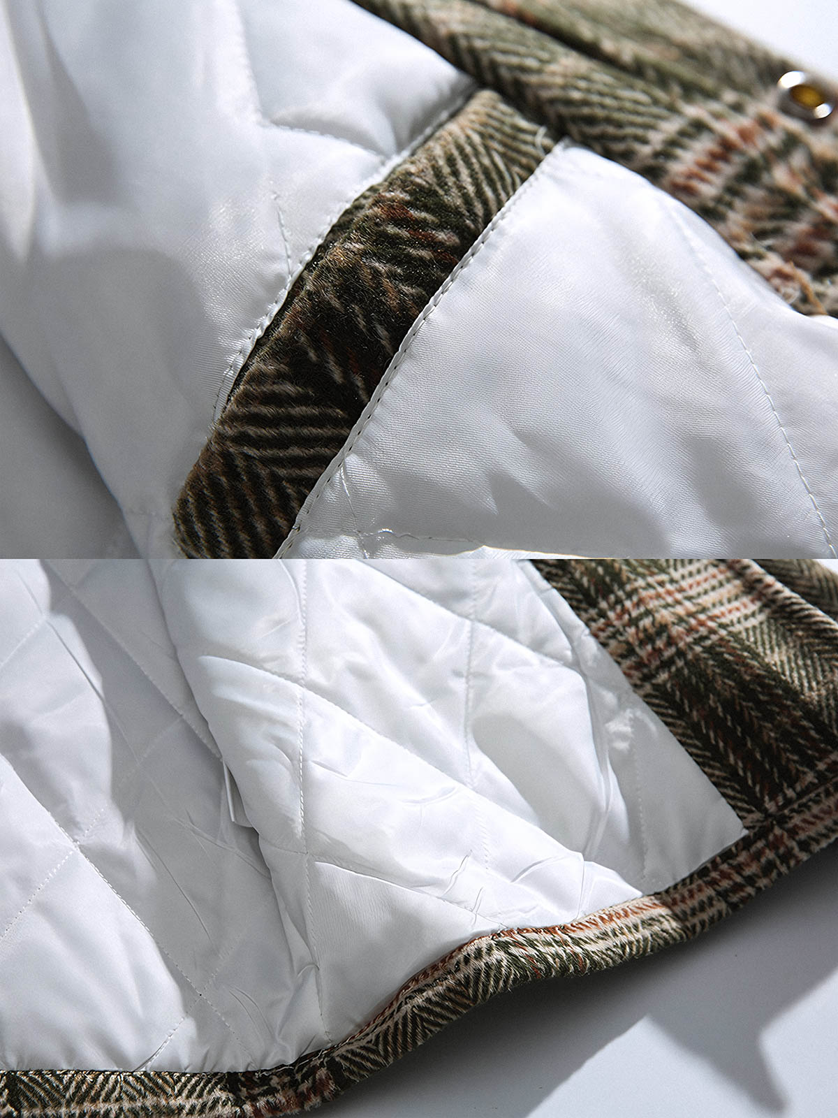 製品画像
アイビースタイルを取り入れたチェック柄ダッフルボタン付きフード付き中綿ジャケット、冬のコーディネートにぴったりなミディアム丈デザイン。
詳細画像
クラシックなチェック柄とダッフルボタンのデザイン、100%ポリエステル素材で軽量ながら優れた保温性を提供。フード付きで実用性も高く、寒い季節に最適。