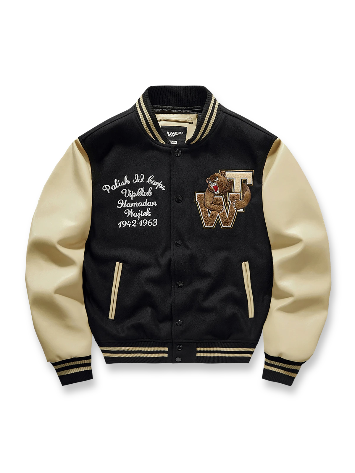 製品画像: HERO Wojtekヴィンテージ空軍ベースボールジャケットの全体画像、WWIIの英雄クマをテーマにしたデザイン
詳細画像: 背面の「HERO」とWojtekの刺繍ディテール、勇敢さと忠誠の象徴を示すデザイン