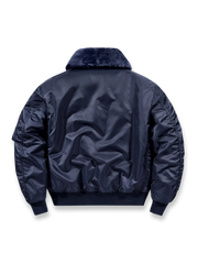 製品画像: B-15シープスキン襟付きフライトジャケットの全体画像、クラシックなアメカジミリタリースタイル
詳細画像: 取り外し可能なシープスキン襟とアームポケットのワッペンのディテール