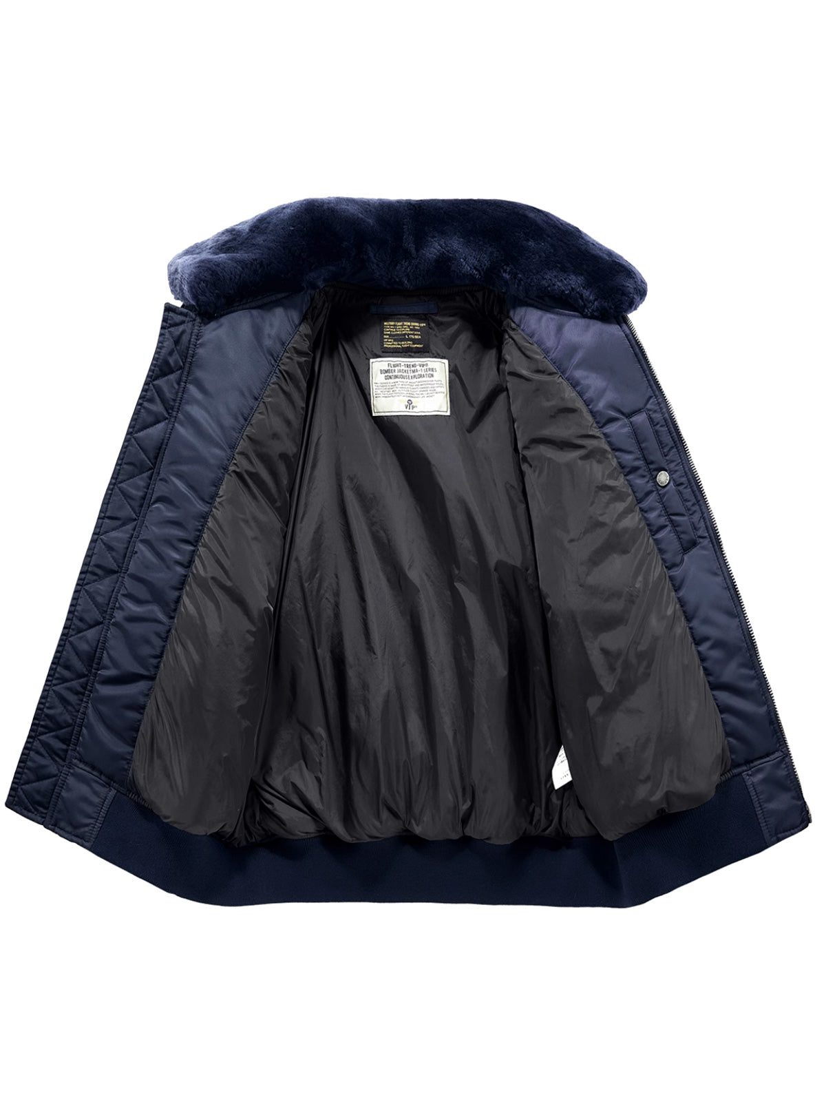 製品画像: B-15シープスキン襟付きフライトジャケットの全体画像、クラシックなアメカジミリタリースタイル
詳細画像: 取り外し可能なシープスキン襟とアームポケットのワッペンのディテール