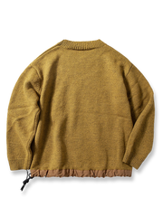 製品画像
「ウール混紡ニットセーター、バイカラー切り替えデザインと防水ナイロン裾、粗い五本針編みで重厚感を演出し、高い保温性を提供。ジッパーポケットと太めドローコードによる実用性と視覚的アクセントが特徴。」
詳細画像
「粗い五本針編みで編まれたウール混紡ニット、ジッパーポケットが胸元に配置され、防水ナイロン裾で耐久性と防水性を実現。裾の太めドローコードで調整可能なフィット感。」