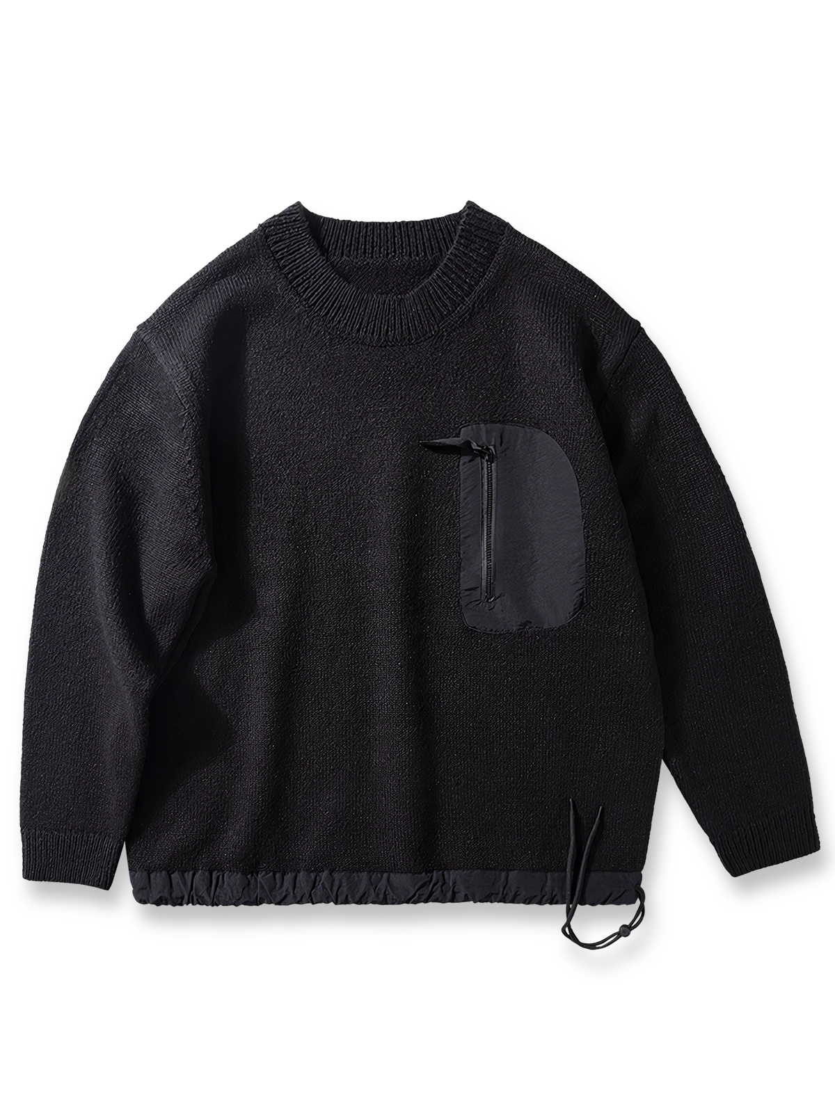 製品画像
「ウール混紡ニットセーター、バイカラー切り替えデザインと防水ナイロン裾、粗い五本針編みで重厚感を演出し、高い保温性を提供。ジッパーポケットと太めドローコードによる実用性と視覚的アクセントが特徴。」
詳細画像
「粗い五本針編みで編まれたウール混紡ニット、ジッパーポケットが胸元に配置され、防水ナイロン裾で耐久性と防水性を実現。裾の太めドローコードで調整可能なフィット感。」