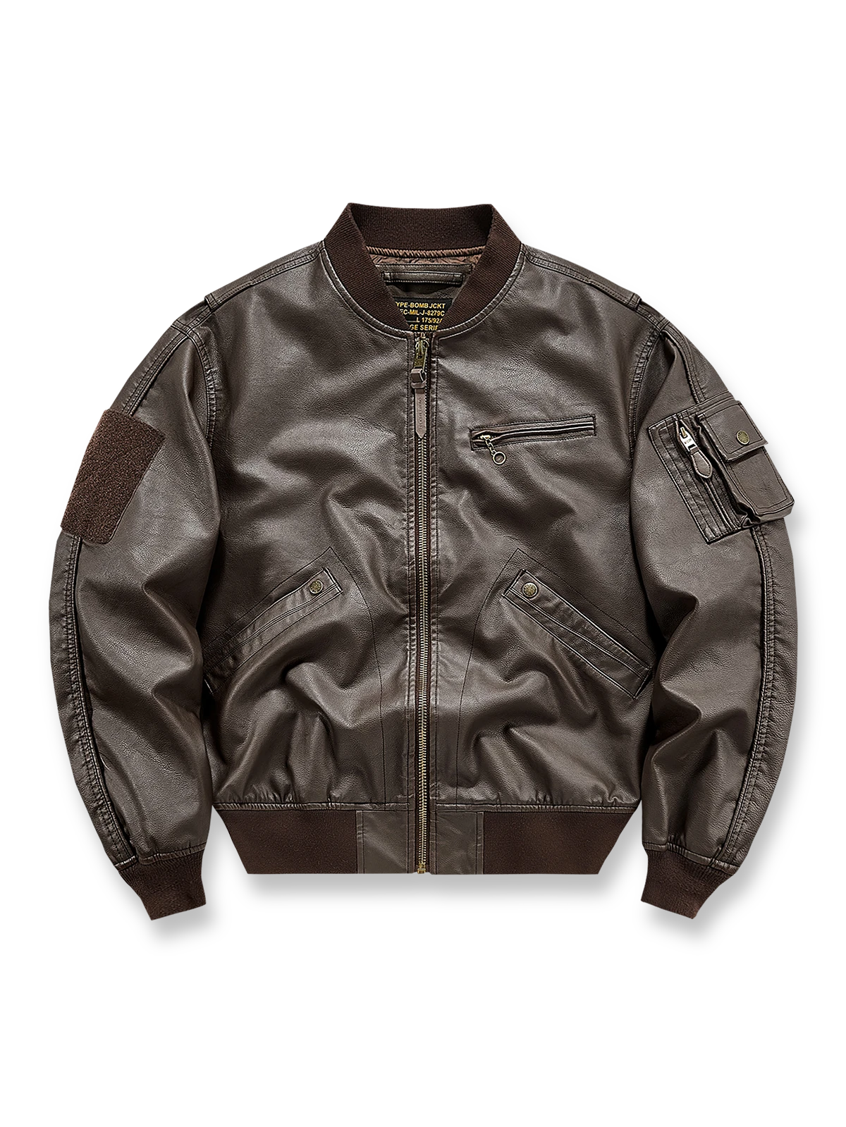 製品画像:
フライトジャケット パイロットレザーの全体画像、PUコーティング生地とミリタリー感溢れるデザインが特徴的なタフなフライトジャケット。
詳細画像:
ジャケットのジッパーと多機能ポケットのディテール特写、カスタムパイピングが施されたポケットが高級感を引き立てます。