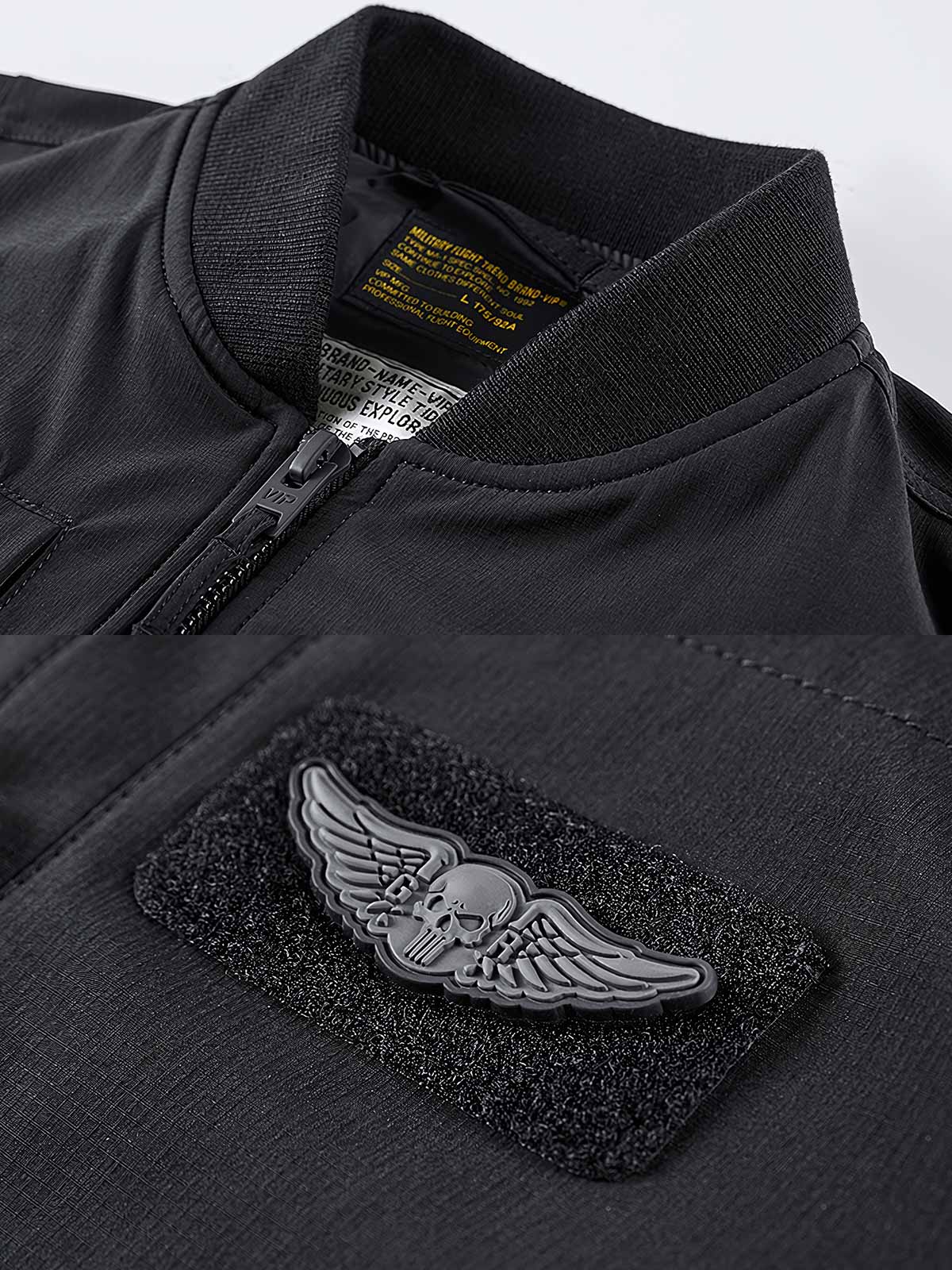 製品画像: 死神パラトルーパー タクティカルジャケットの全体画像、タクティカルスタイルと取り外し可能なワッペンが特徴
詳細画像: 取り外し可能な面ファスナー付きワッペンと死神タクティカルパッチのディテール、耐摩耗性に優れた90%ナイロン素材