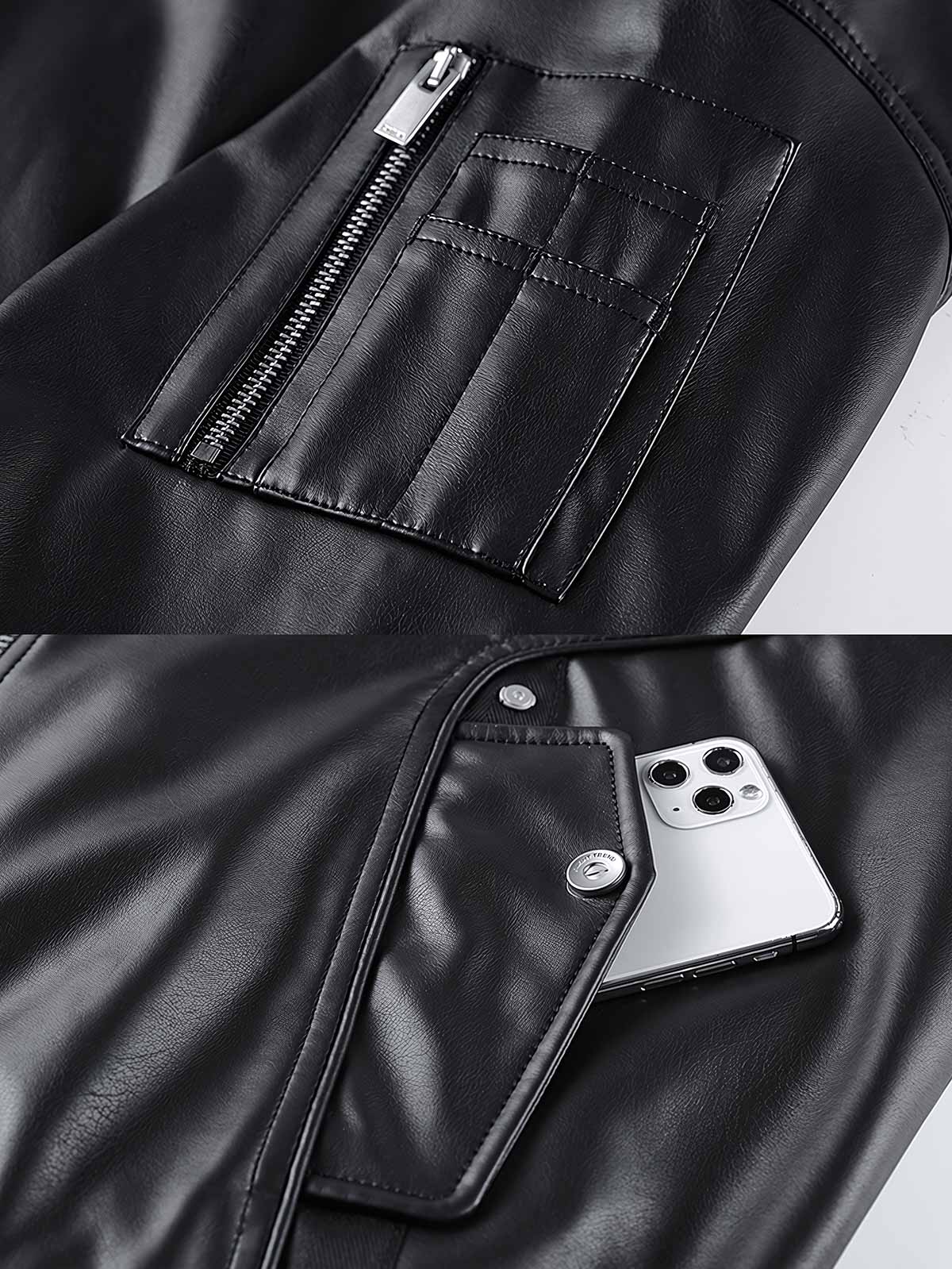 製品画像: ブラックパイロットレザージャケットの全体画像、高品質PUコーティングとクラシックなデザインが特徴
詳細画像: ジャケットの多機能ポケットと左袖のジップディテール、耐久性と実用性を強調