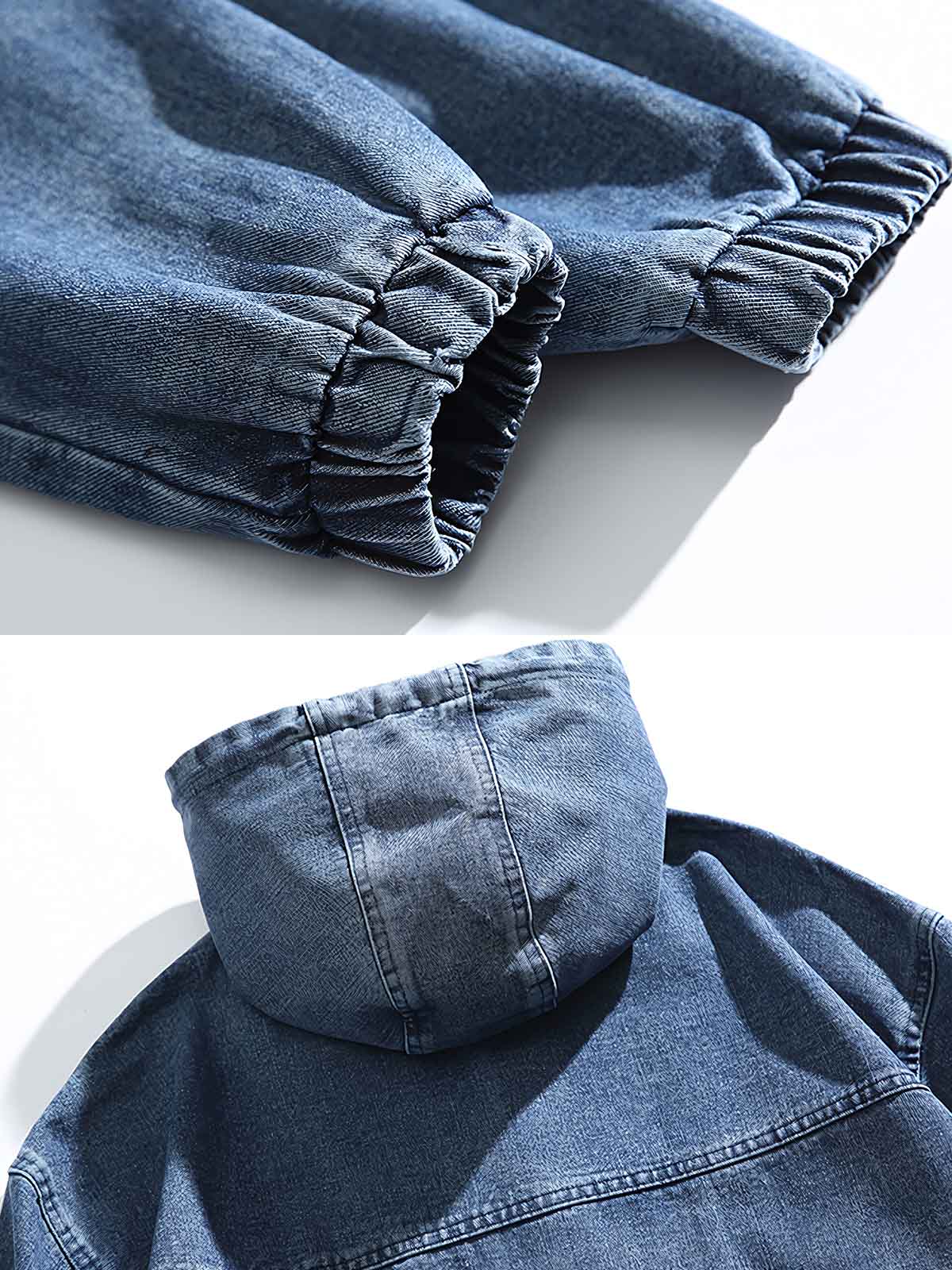 製品画像: フード付き デニムジャケット。水洗い加工で仕上げたクラシックなレトロスタイルのルーズフィットジャケットの正面全体展示図。
詳細画像: 高品質なコットンデニム素材の柔らかい肌触りと、便利なカンガルーポケットのディテールクローズアップ。