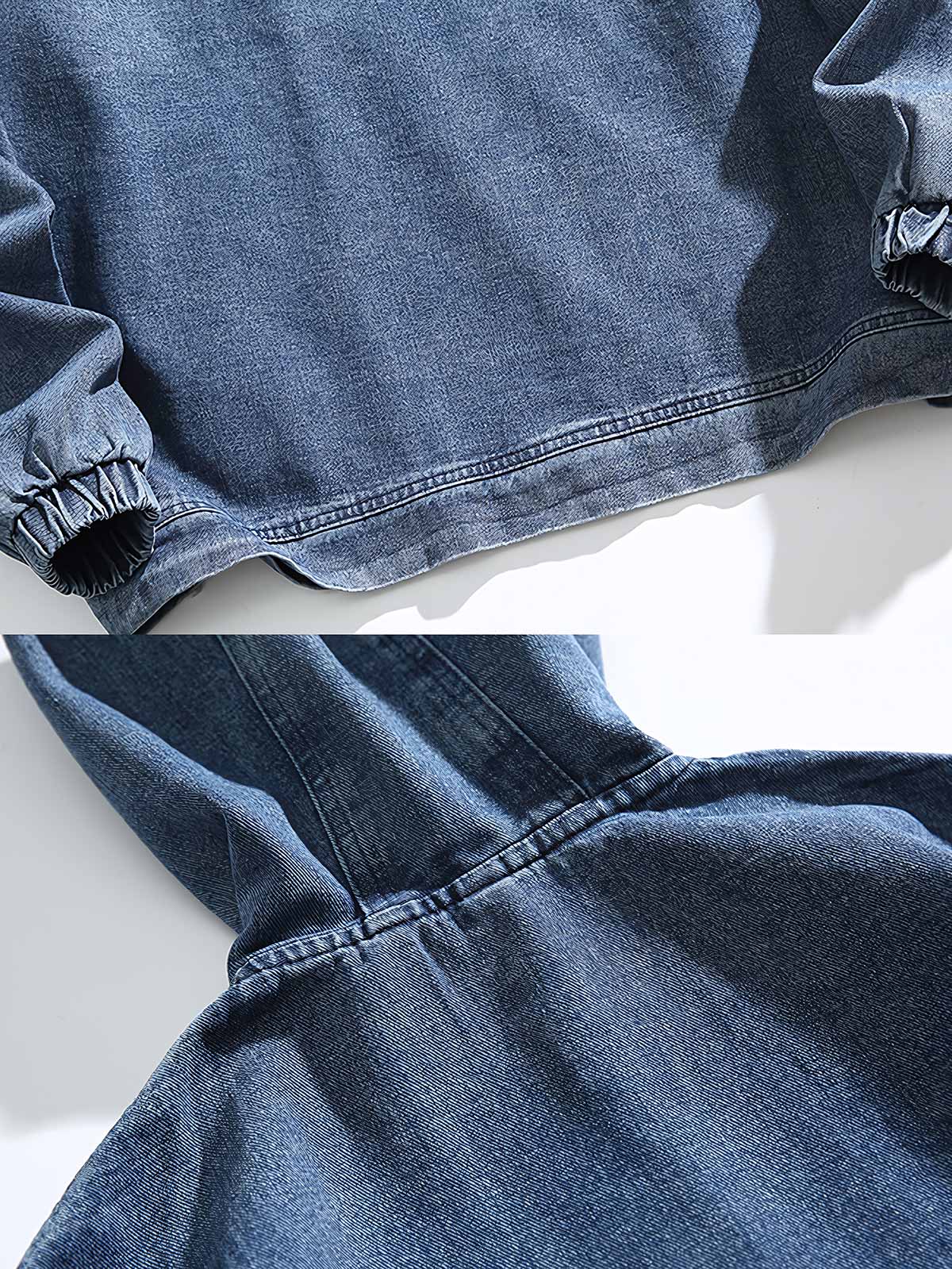 製品画像: フード付き デニムジャケット。水洗い加工で仕上げたクラシックなレトロスタイルのルーズフィットジャケットの正面全体展示図。
詳細画像: 高品質なコットンデニム素材の柔らかい肌触りと、便利なカンガルーポケットのディテールクローズアップ。