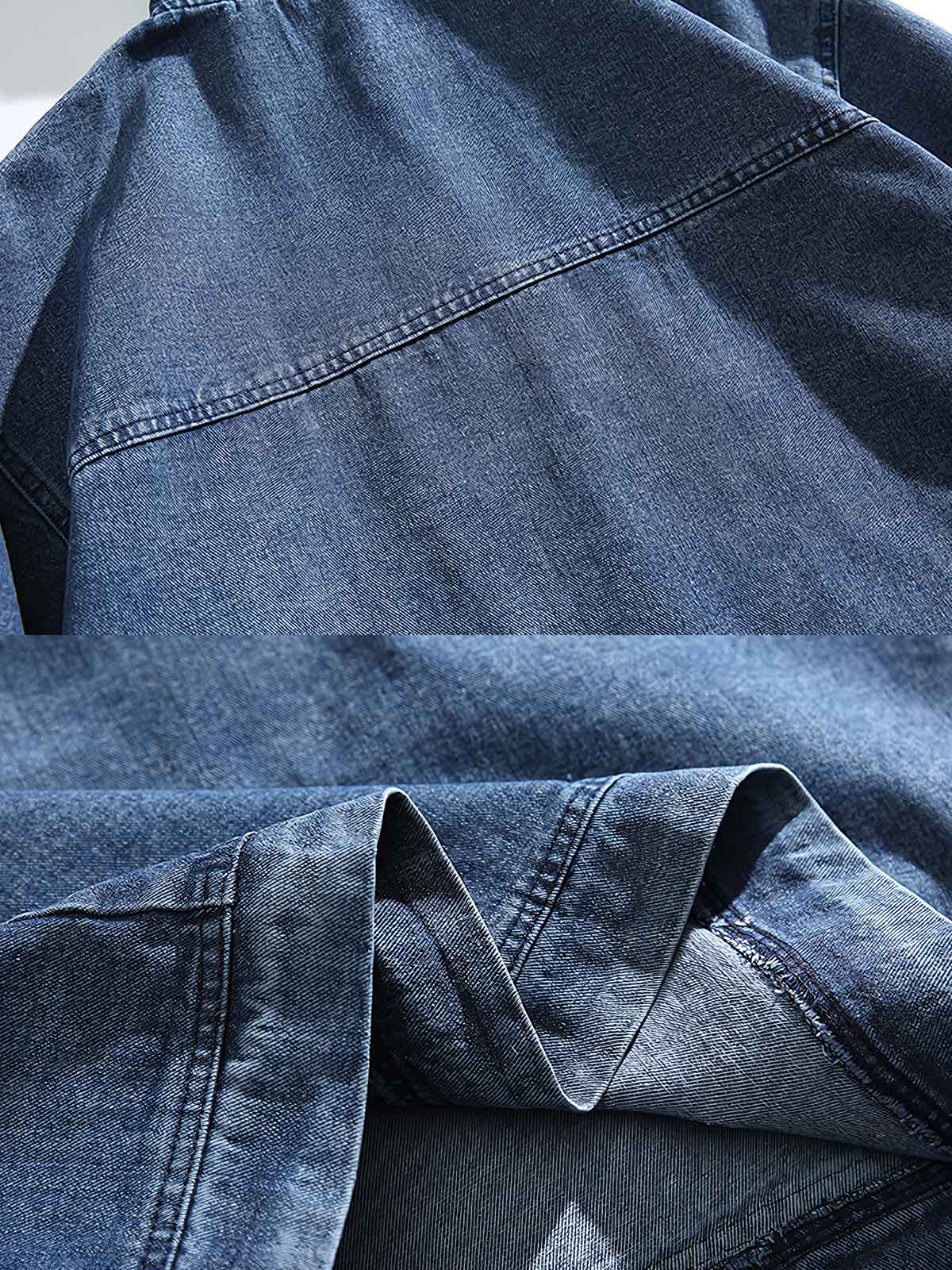 製品画像: フード付き デニムジャケット。水洗い加工で仕上げたクラシックなレトロスタイルのルーズフィットジャケットの正面全体展示図。
詳細画像: 高品質なコットンデニム素材の柔らかい肌触りと、便利なカンガルーポケットのディテールクローズアップ。