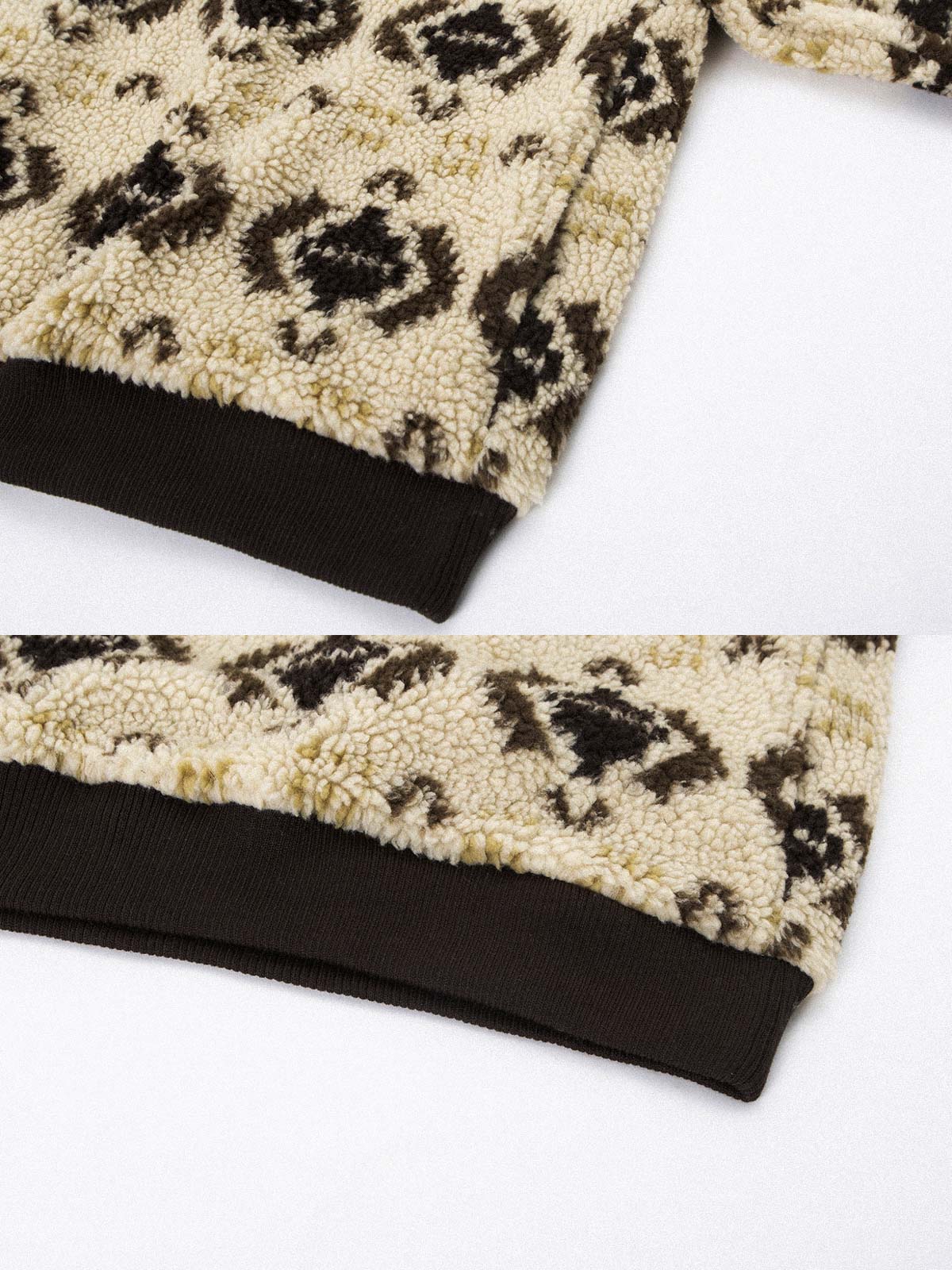 製品画像: 民族風プリントデザインのフリーススウェット。暖かく柔らかな素材が、秋冬のコーディネートにぴったり。サイドポケットが実用性を高め、レトロでアート感のある印象を与えます。
詳細画像: 民族風のプリント柄とサイドポケットのディテール。軽量で柔らかなフリース素材が、優れた保温性を提供し、リラックスした着心地を実現。