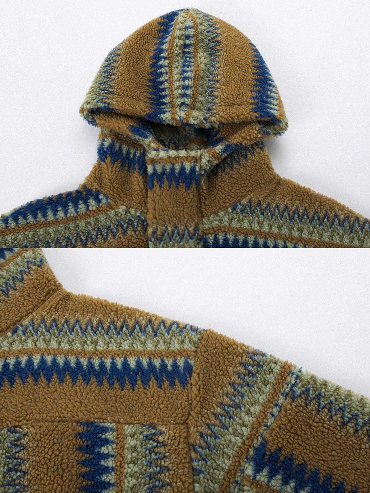 製品画像
ナバホ族の伝統的な柄とストライプデザインが特徴のラムファー裏地付きフードスウェット、100%ポリエステル素材で柔らかく快適な着心地、保温性に優れ、秋冬シーズンに最適な暖かさを提供するユニークな民族風デザイン
詳細画像
ナバホ柄とストライプのコンビネーションデザイン、内側には温かいラムファー素材が使用され、通気性があり快適な着用感を実現、ルーズフィットで動きやすさを確保、秋冬のコーディネートに最適なジャケット