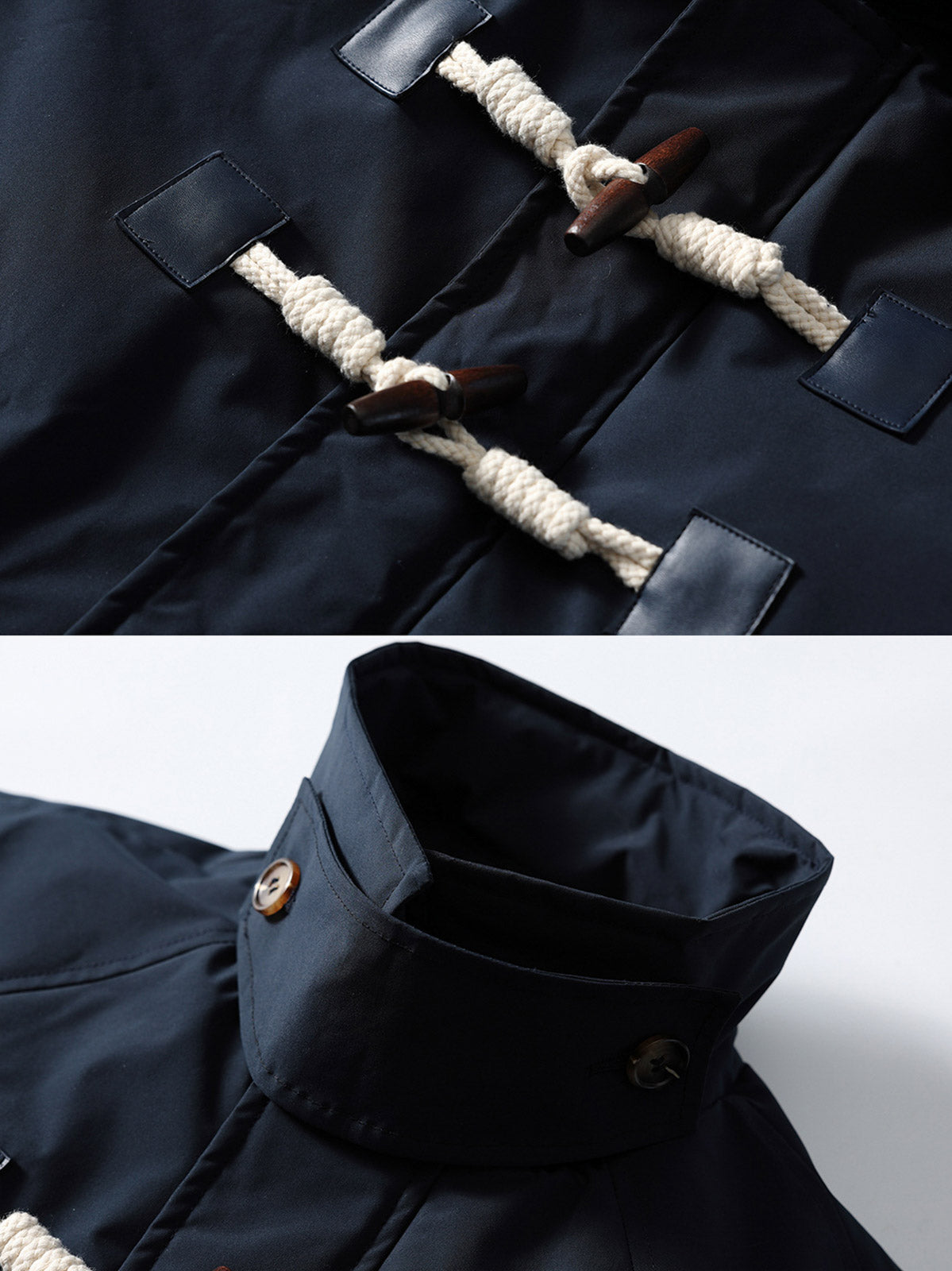 製品画像
牛角ボタン付きのロング丈中綿コート。クラシックなデザインと100%ナイロン素材による防風性が特徴で、高品質な中綿を使用した厚手の防寒コートの全体展示。冬のアウトドアや日常使いに最適。
詳細画像
牛角ボタンのディテールとドローコード付き立ち襟を特写。クラシックな雰囲気を醸し出すボタンデザインと、防寒性を高めるドローコードのディテールが際立つクローズアップ画像。