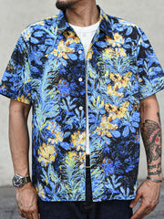 ブルーフラワーズ 油絵風 アロハシャツ