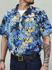 ブルーフラワーズ 油絵風 アロハシャツ