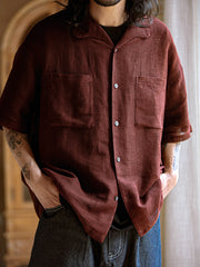 メッシュ模様 リネンコットン 半袖シャツ