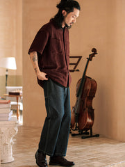 メッシュ模様 リネンコットン 半袖シャツ