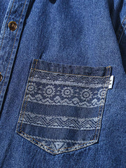 民族風 ポケット付き デニム 長袖シャツ