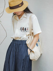 ネコ刺繍入り ワッフル半袖シャツ