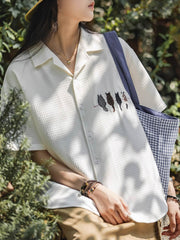 ネコ刺繍入り ワッフル半袖シャツ