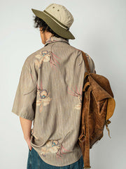 ストライプ 花柄 カーキ色 半袖シャツ