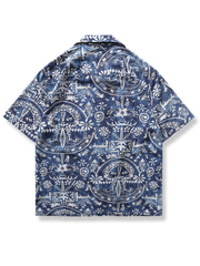 ブルー 民族調柄 アロハシャツ