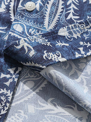 ブルー 民族調柄 アロハシャツ