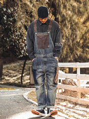 ダメージ加工 配色ポケット オーバーオール