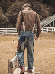 ダメージ加工 配色ポケット オーバーオール