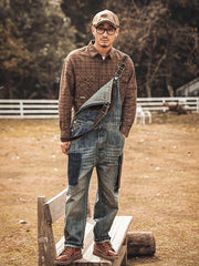 ダメージ加工 配色ポケット オーバーオール