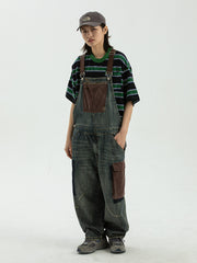 ダメージ加工 配色ポケット オーバーオール