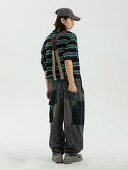 ダメージ加工 配色ポケット オーバーオール