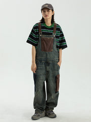 ダメージ加工 配色ポケット オーバーオール