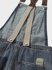 ダメージ加工 配色ポケット オーバーオール