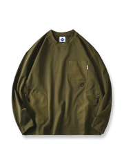 異素材 ポケット 丸襟 長袖Tシャツ