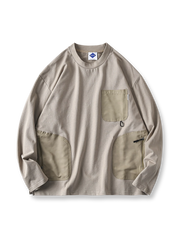 異素材 ポケット 丸襟 長袖Tシャツ