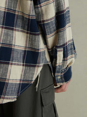 ブルー×ベージュ 天竺綿 チェック柄 シャツ