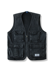 ウォッシュ加工 Vネック デニム ベスト