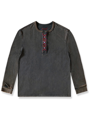 エスニック 幾何学刺繡 ウォッシュ加工 ヘンリーネック 長袖Tシャツ