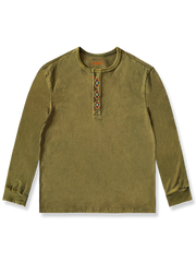 エスニック 幾何学刺繡 ウォッシュ加工 ヘンリーネック 長袖Tシャツ