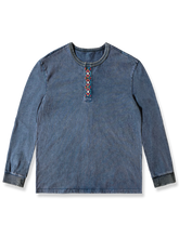 エスニック 幾何学刺繡 ウォッシュ加工 ヘンリーネック 長袖Tシャツ
