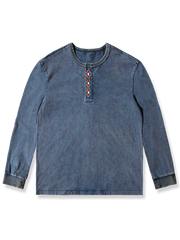 エスニック 幾何学刺繡 ウォッシュ加工 ヘンリーネック 長袖Tシャツ